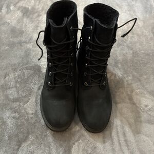 Timberland Teddy Fleece Fold Down Boots, Black Leather, Women's 10